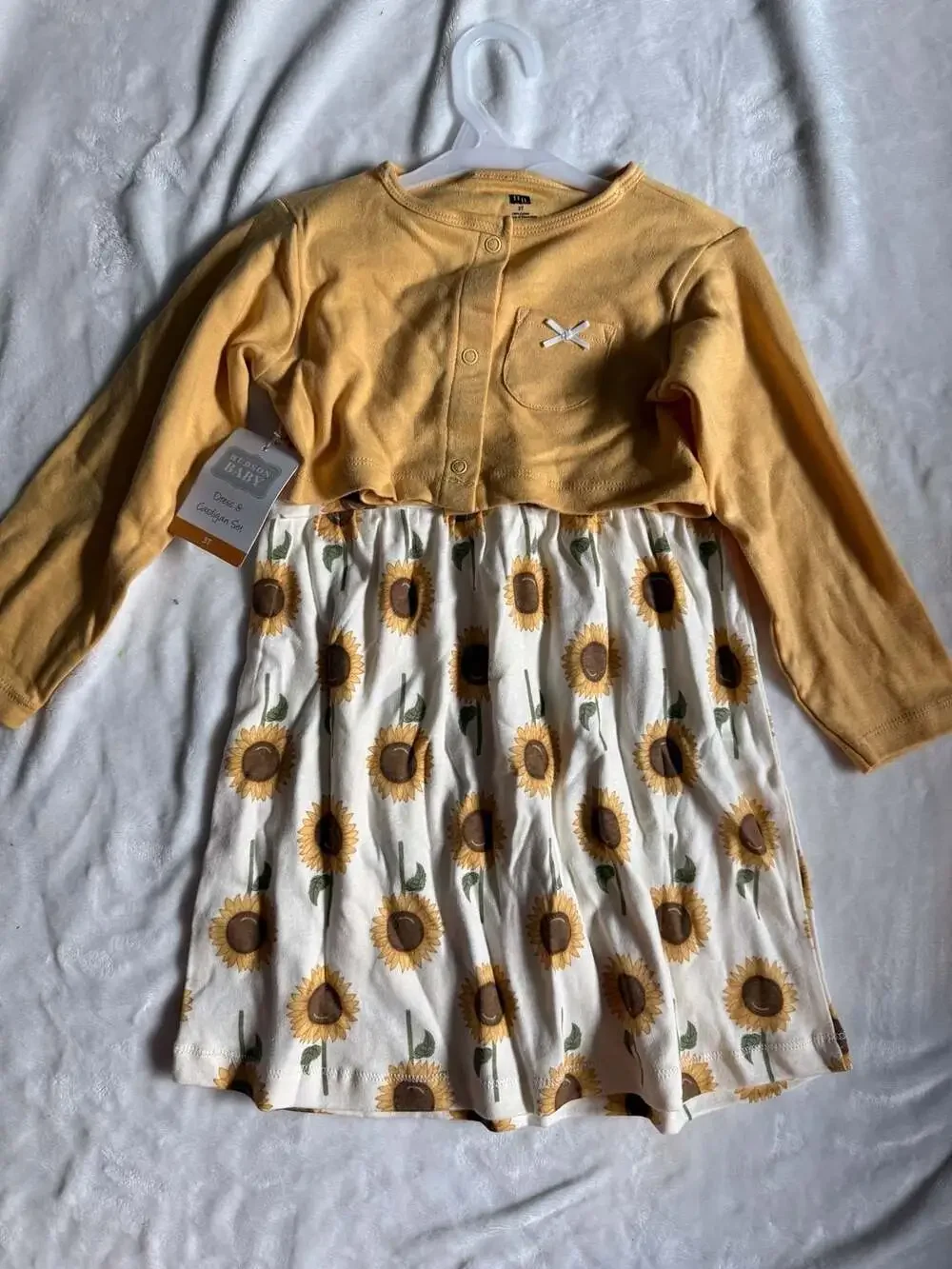 Hudson Baby Toddler Girl Cotton Dress and Cardigan Set, Sunflower Print, Size 3T